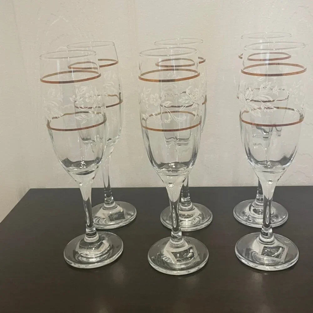 CICLE WARE SET OF 6‎ CHAMPAGNE FLUTES DUTCHES GOLD RIM FLORAL MADE IN TURKEY